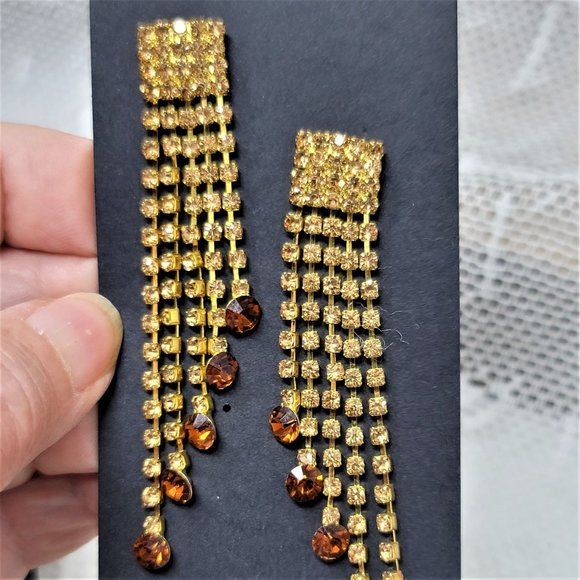 Topaz Long Dangle Rhinestone Earrings Pierced Posts Golden - Picture 1 of 6